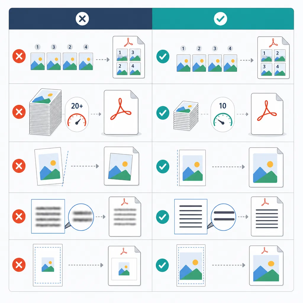 A clean infographic comparison table of common image-to-PDF problems vs solutions: wrong order, too 