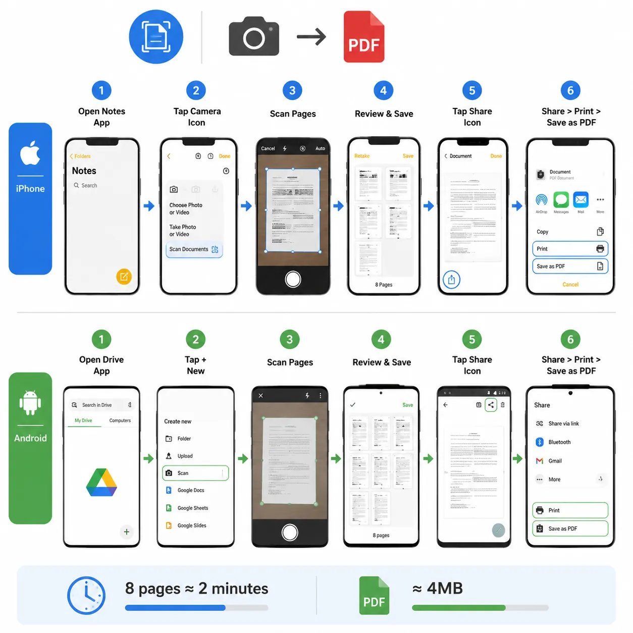 Step-by-step mobile workflow diagram for scanning photos to PDF on iPhone and Android, showing butto