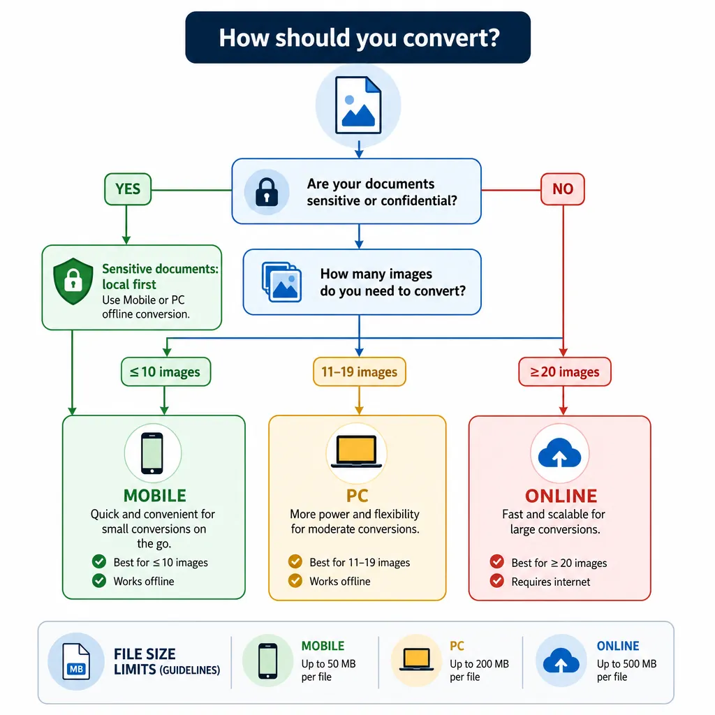 Decision flowchart choosing between Mobile, PC, Online conversion; include thresholds “≤10 images”, 