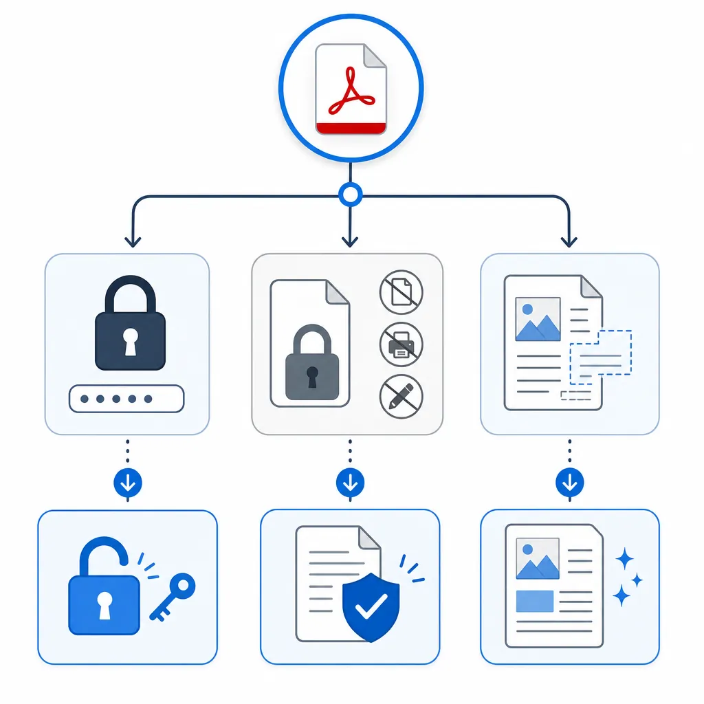Clean flowchart infographic for PDF issues: cannot open (password required), can open but restricted