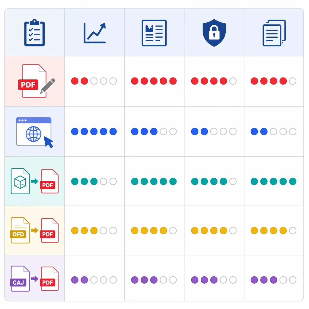 Comparison table infographic with columns: task, learning curve, layout stability, sensitive-file su
