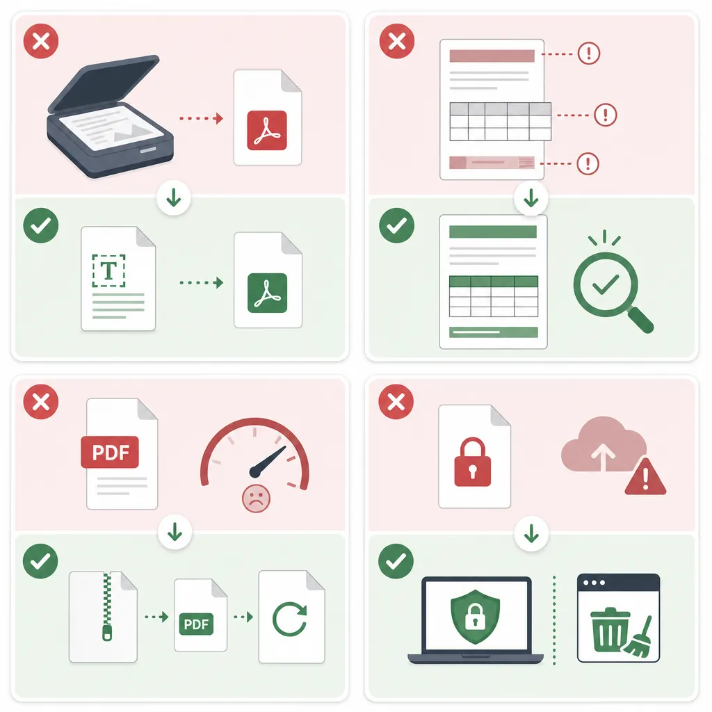 Problem-solution infographic with four cards: scanned PDF needs OCR, layout issues check tables/head