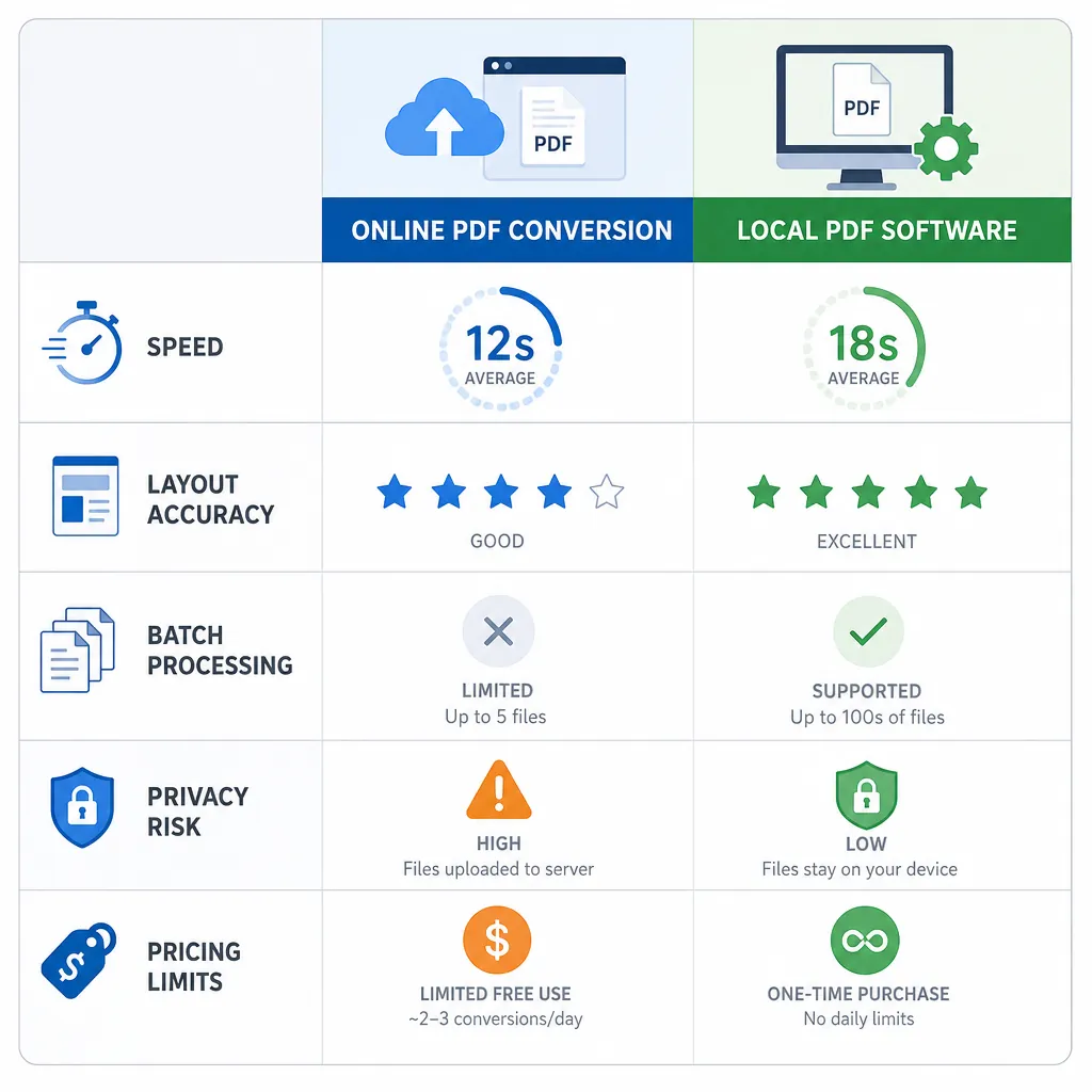 Clean infographic comparing Online PDF conversion vs Local PDF software in a 2-column table, rows: s