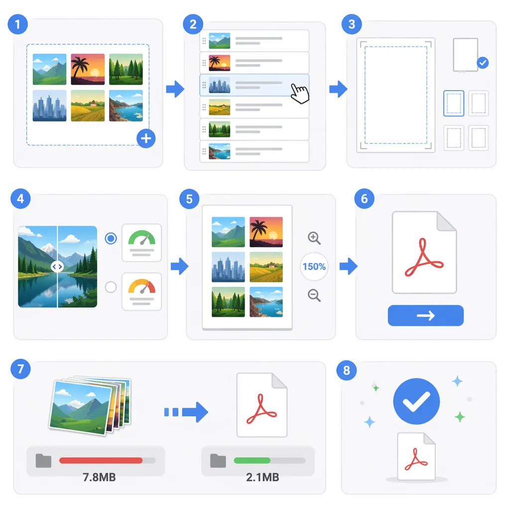 Step-by-step flowchart for converting photos to PDF: select images, reorder, choose A4 and margins, 
