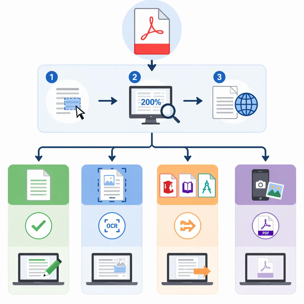 A clean decision flowchart infographic for PDF problems with 4 branches: native editable PDF, scanne