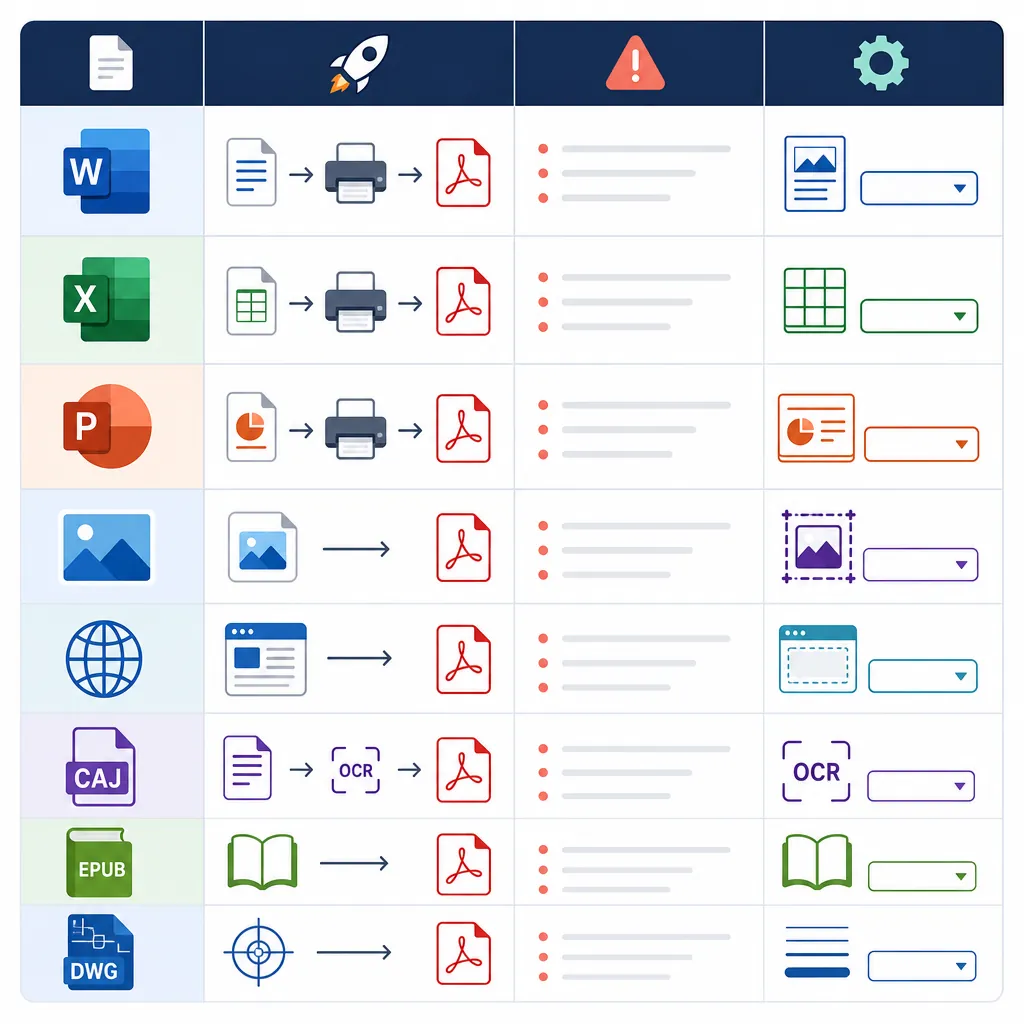 A comparison table infographic listing 6 file types (Word/Excel/PPT, Images, Webpage, CAJ, EPUB, DWG