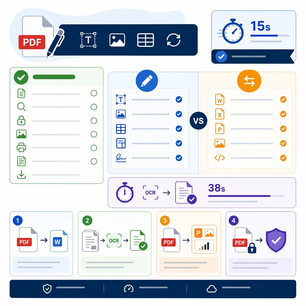 A one-page quick reference checklist infographic for PDF editing and converting: pre-check items, wh