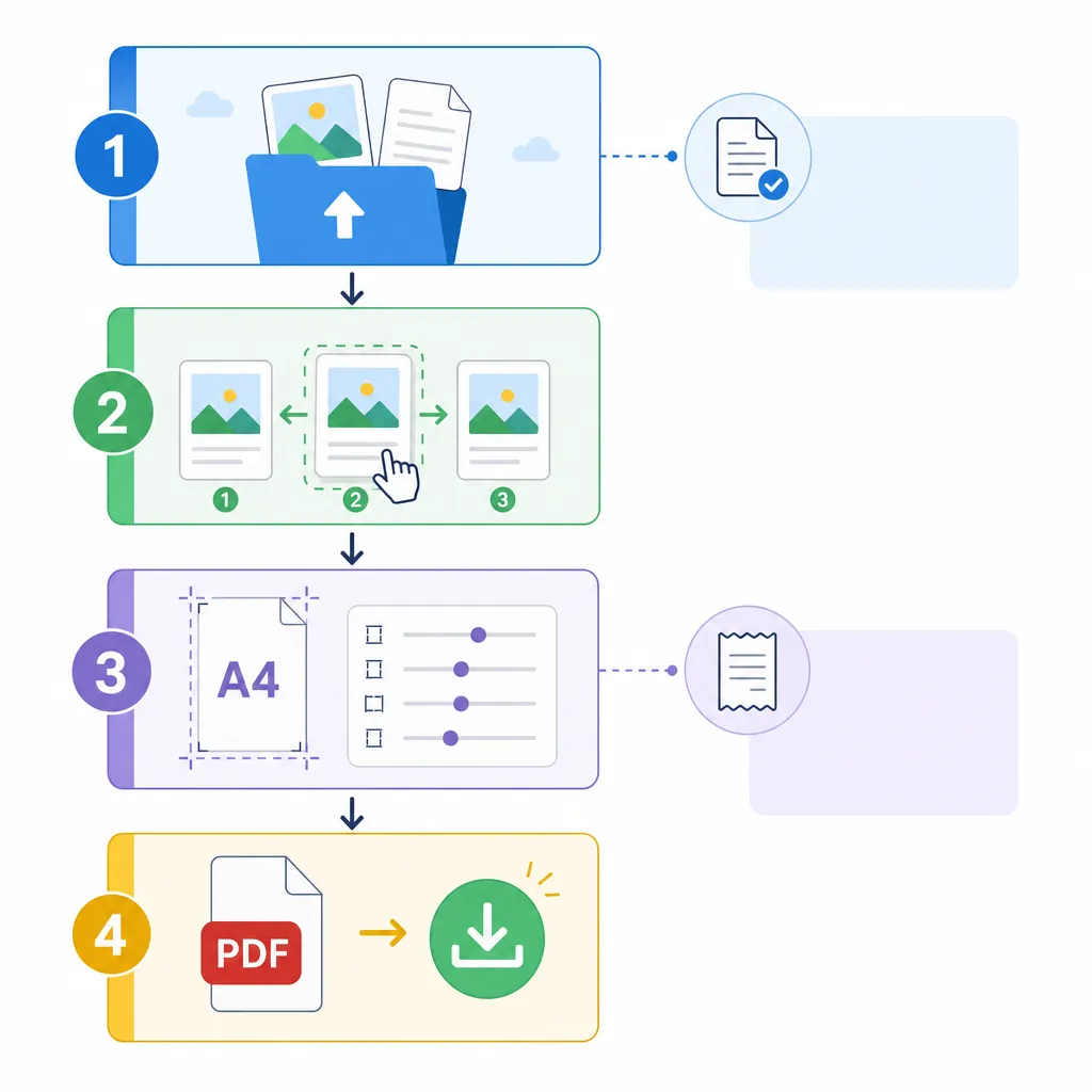 Flowchart infographic with four boxes: Upload images, Drag to reorder, Set page size (A4/margins), C