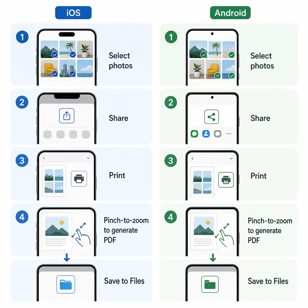 Mobile UI style infographic showing 4 steps: Select photos, Share, Print, Pinch-to-zoom to generate 