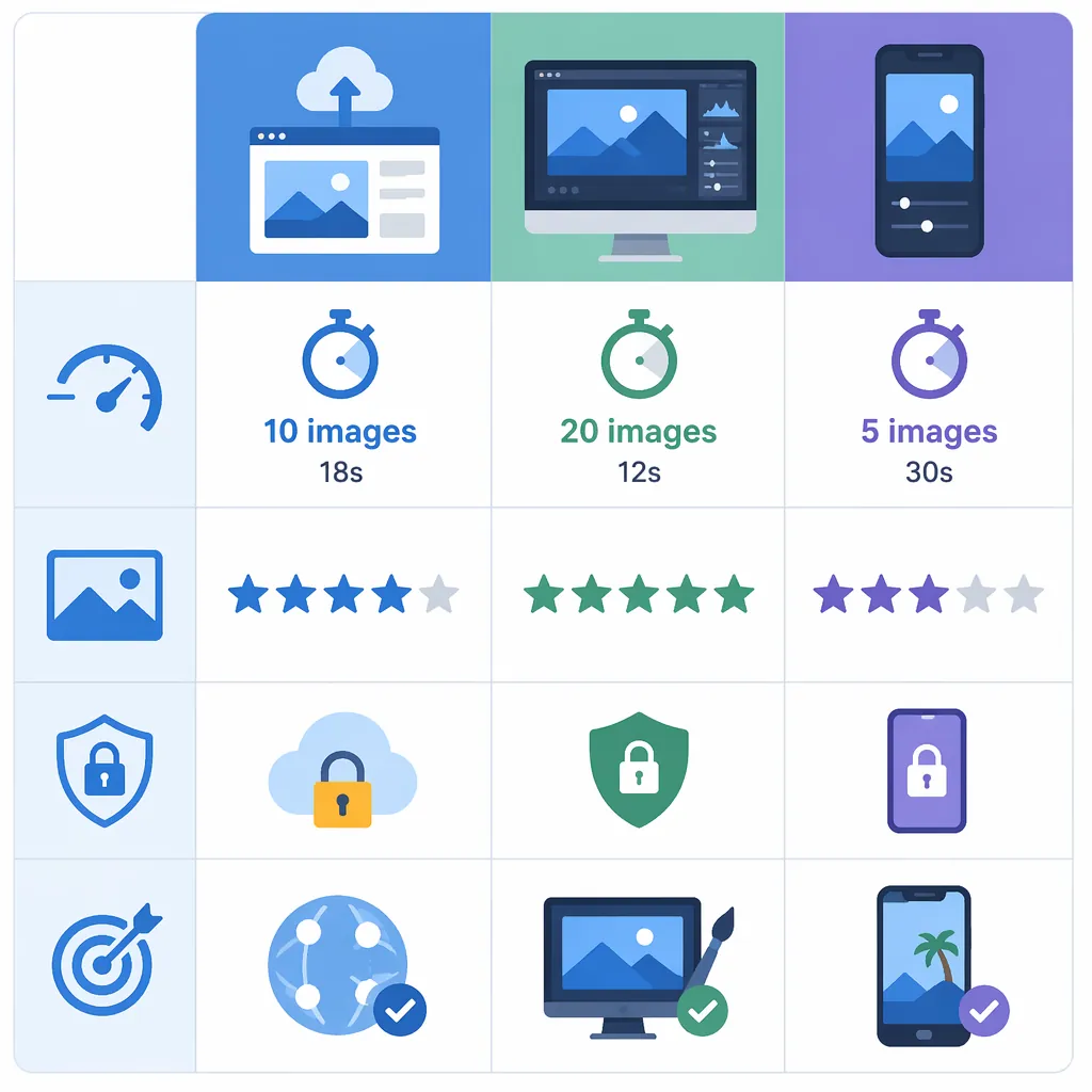 Comparison table infographic with three columns (Online, Desktop software, Phone built-in) and four 