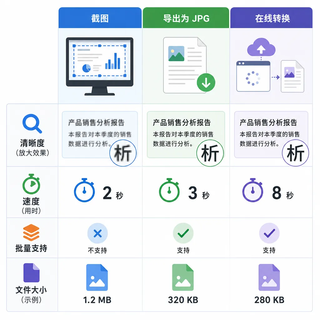 Comparison infographic with three columns: Screenshot, Export as JPG, Online conversion; rows includ