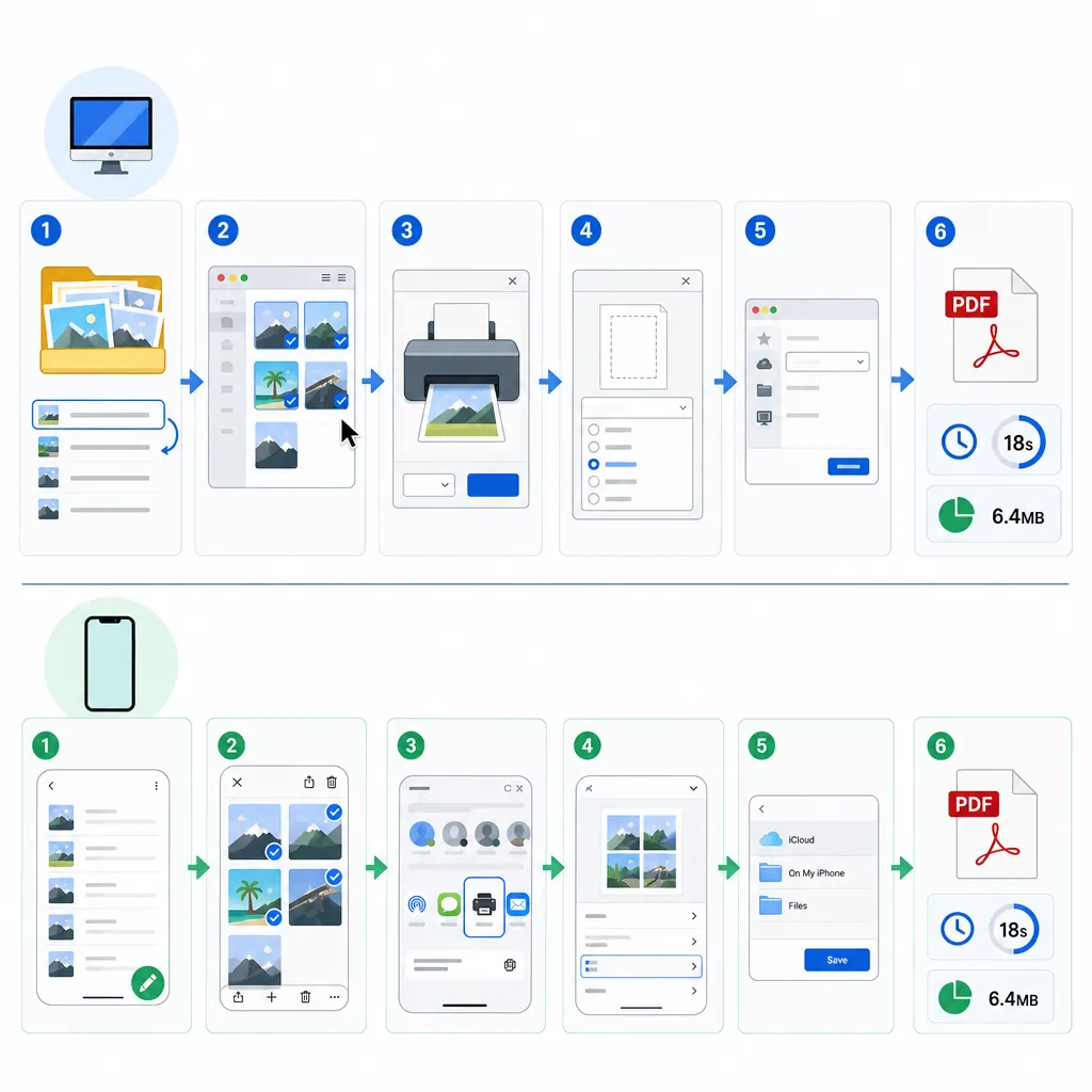 Step-by-step flowchart showing “Photos to PDF” on desktop and phone: rename files, select images, pr