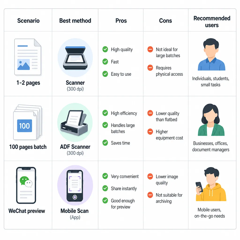 Decision table infographic with columns: Scenario, Best method, Pros, Cons, Recommended users; inclu