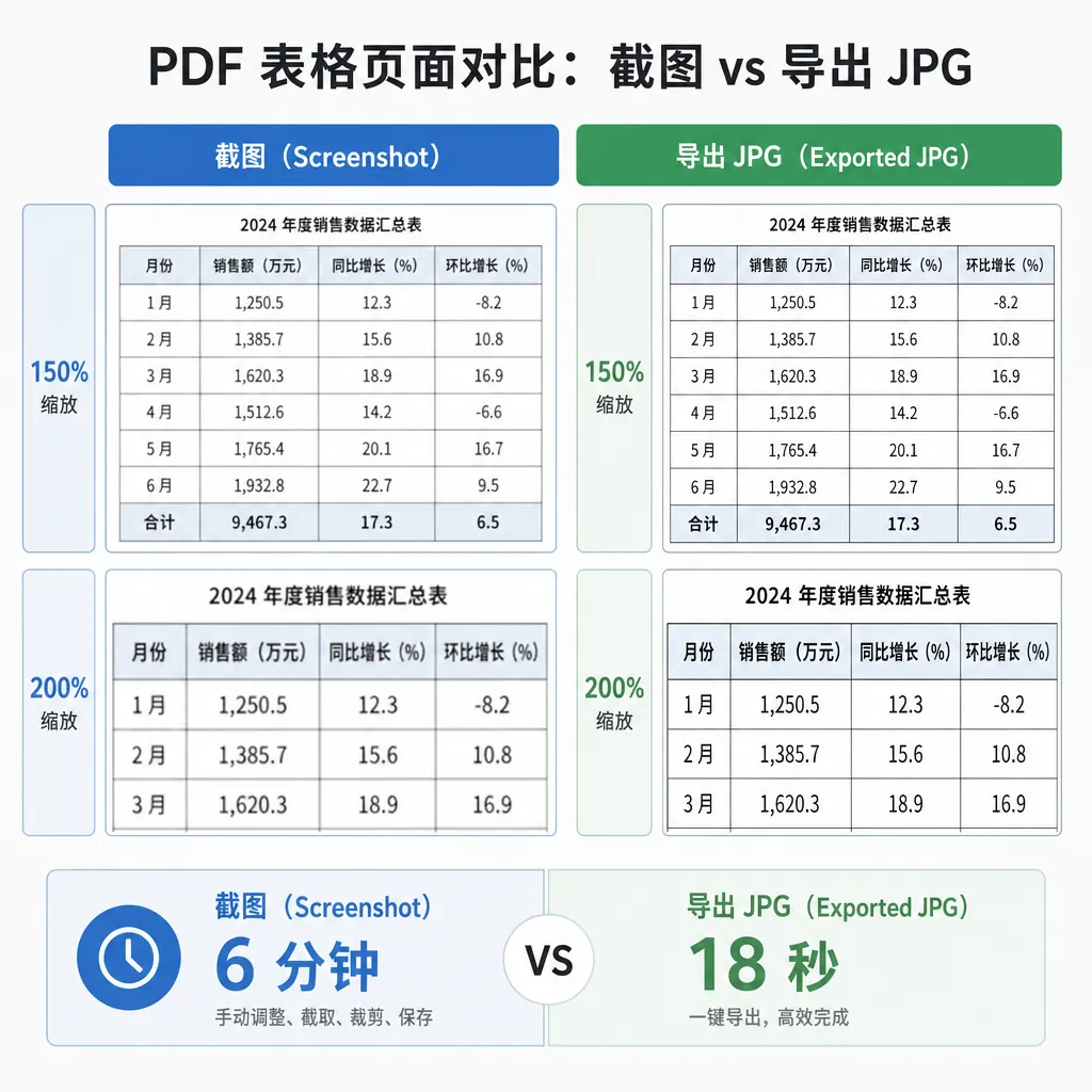Before-and-after comparison graphic showing “Screenshot vs Exported JPG” from a PDF table page, with