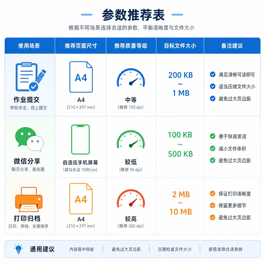 Parameter recommendation table infographic with three scenarios (Homework submission, WeChat sharing