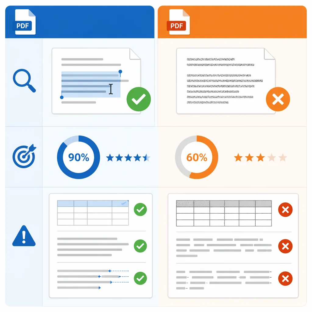 Comparison infographic of two PDF types: text-based vs scanned image-based, showing how to detect (s