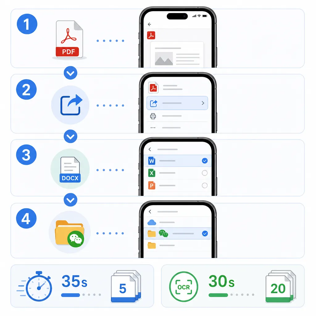Mobile step-by-step diagram with 4 steps: open PDF, choose convert/export, select DOCX, save to WeCh