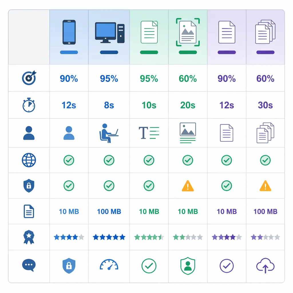 Decision table comparing phone vs PC, text-based vs scanned, single vs batch; include metrics like a
