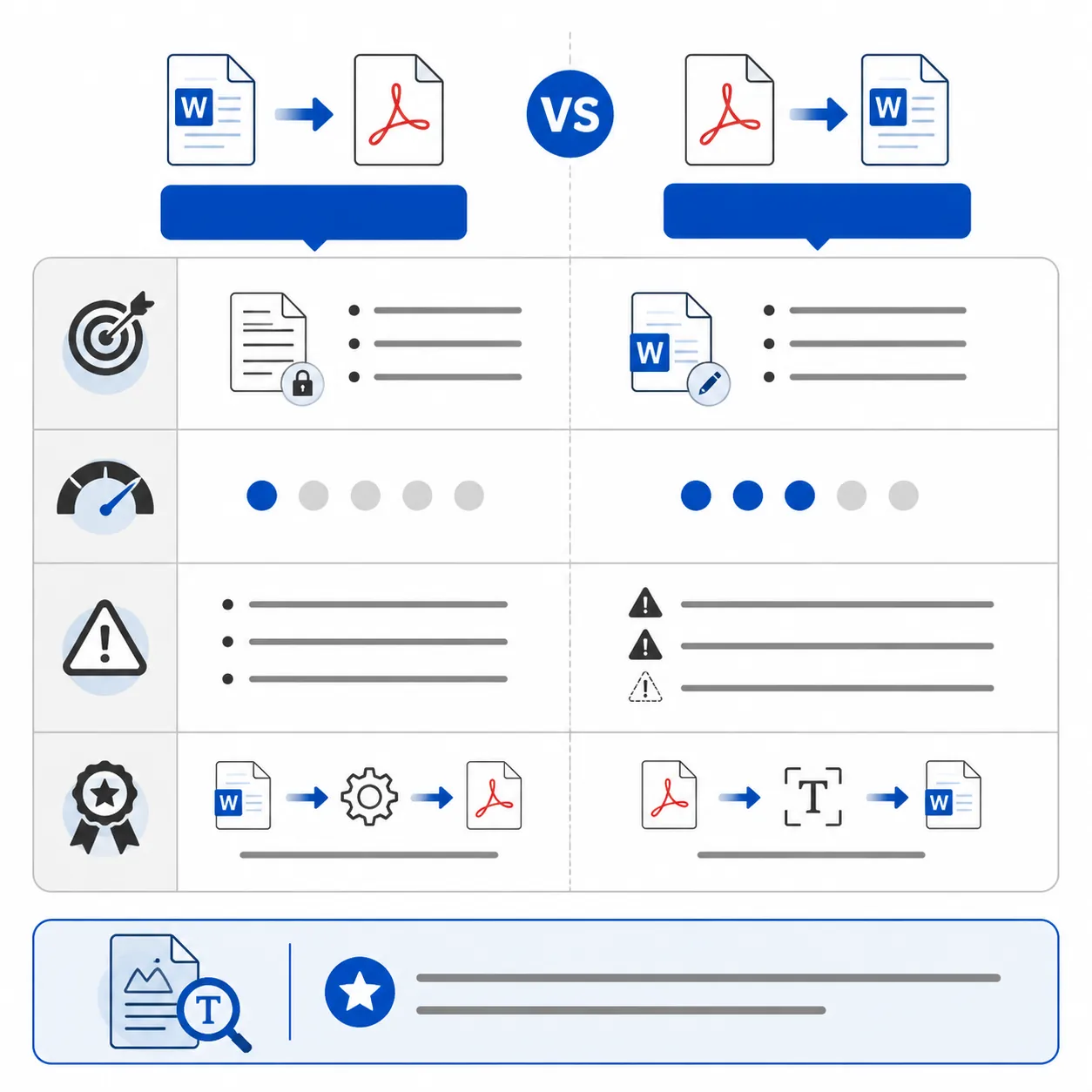 A comparison table infographic: Word to PDF vs PDF to Word. Columns: Purpose, Difficulty, Common iss
