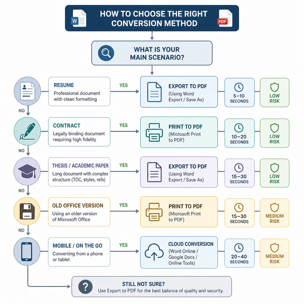 Decision flowchart infographic for choosing conversion method by scenario (resume, contract, thesis,