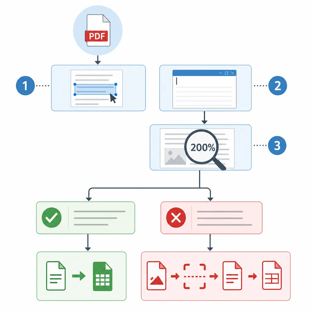 Simple infographic flowchart comparing native PDF vs scanned PDF detection: steps include select tex