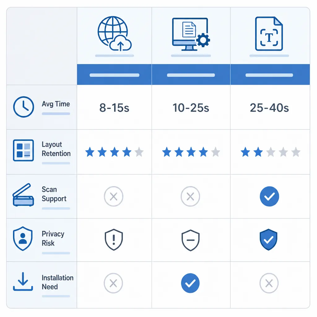 Comparison table infographic of 3 methods (online convert, software export, OCR): metrics include av