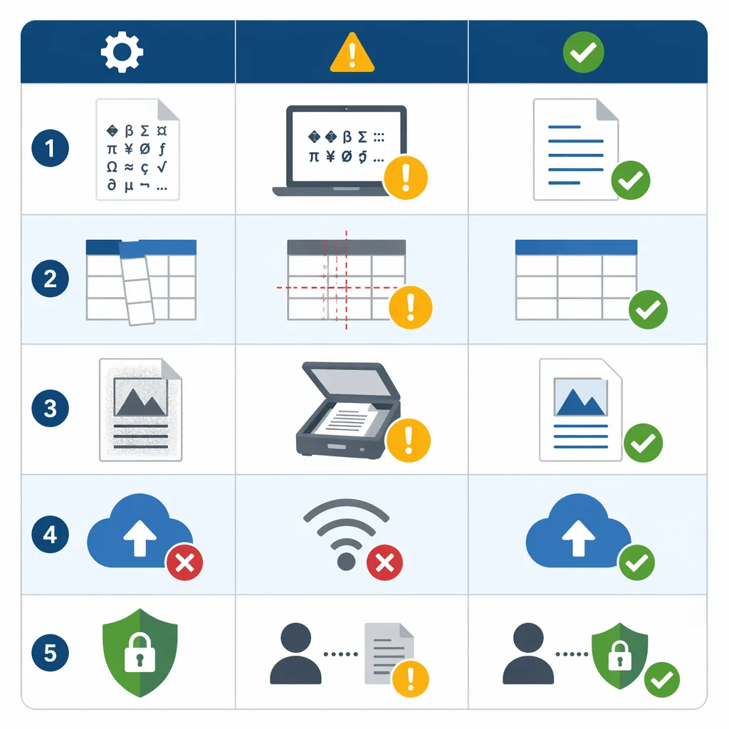 Troubleshooting checklist infographic with 5 rows (garbled text, table misalignment, scanned PDF, up