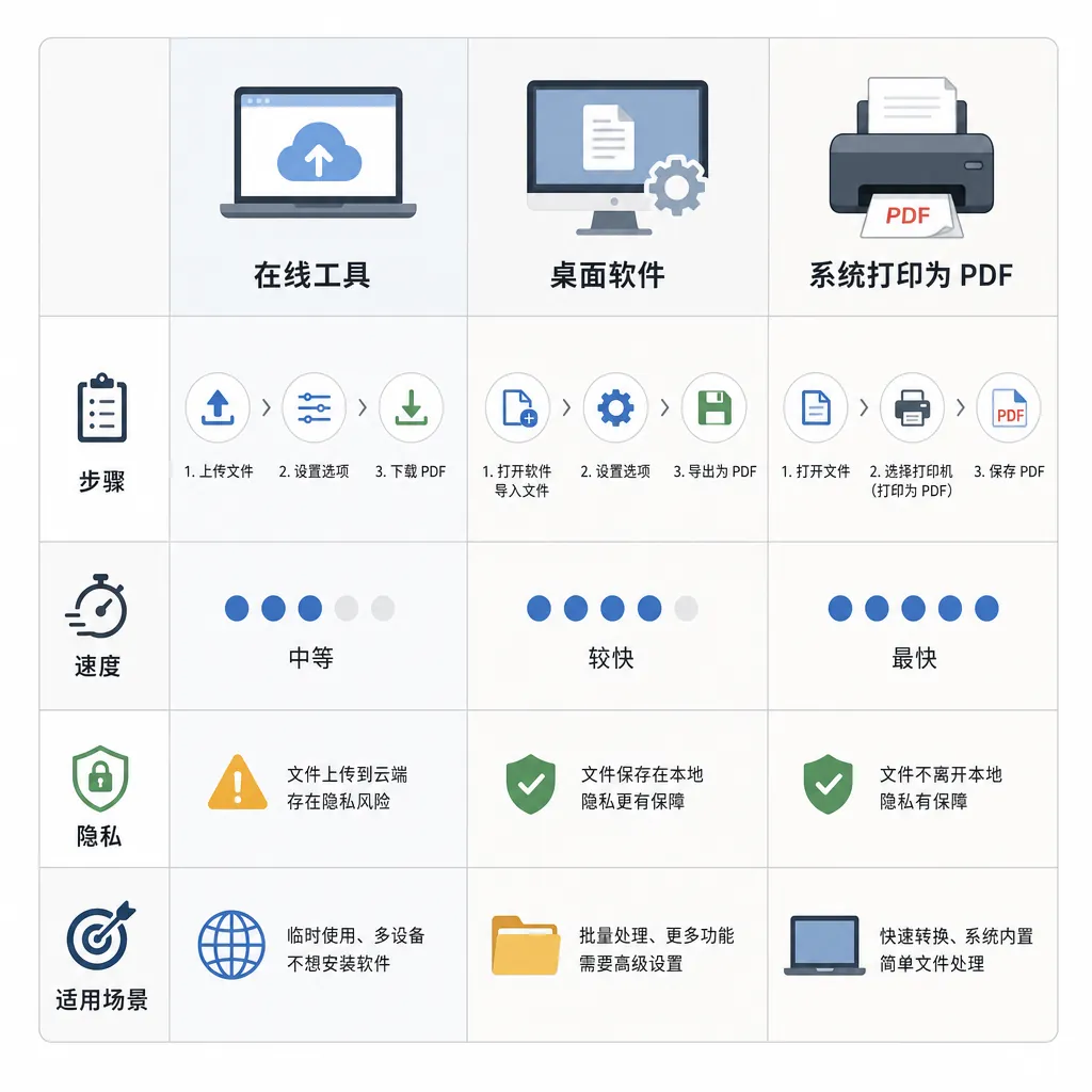Clean comparison infographic with three columns (Online tool, Desktop software, System print-to-PDF)