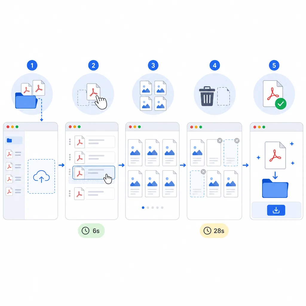 Step-by-step UI flow diagram for merging PDFs: Import files, Drag to reorder, Preview thumbnails, De