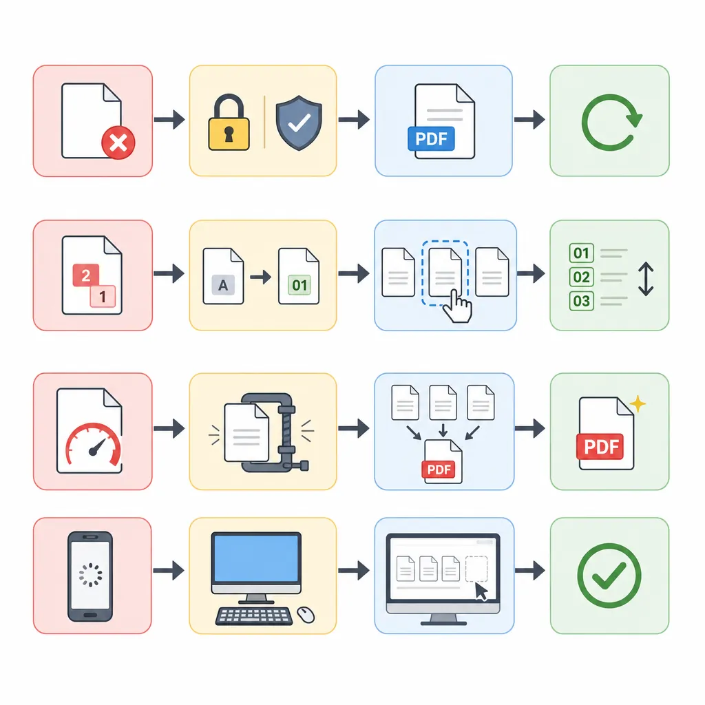 Troubleshooting flowchart: Merge failed -> Check encryption/permissions -> Re-save as PDF -> Try aga