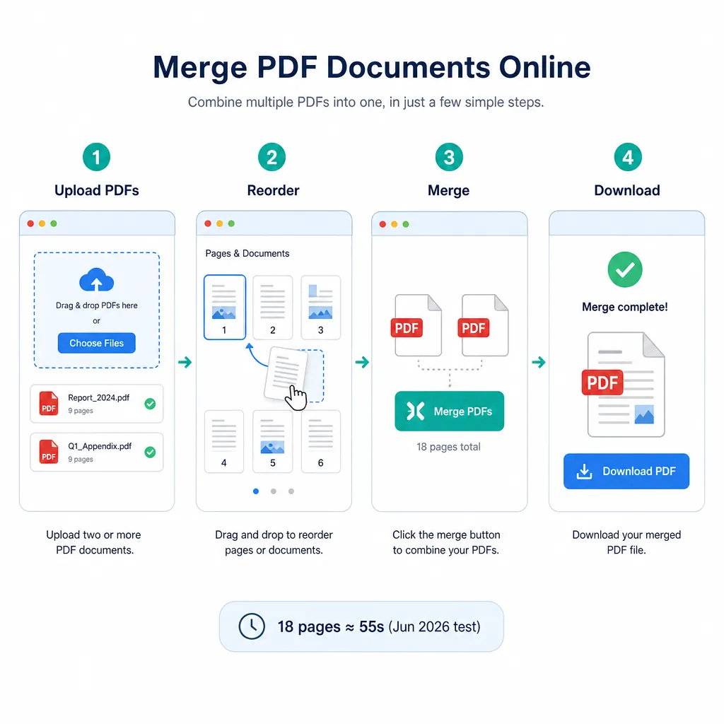 A clean step-by-step infographic for online PDF merge: upload two PDFs, drag to reorder, click merge