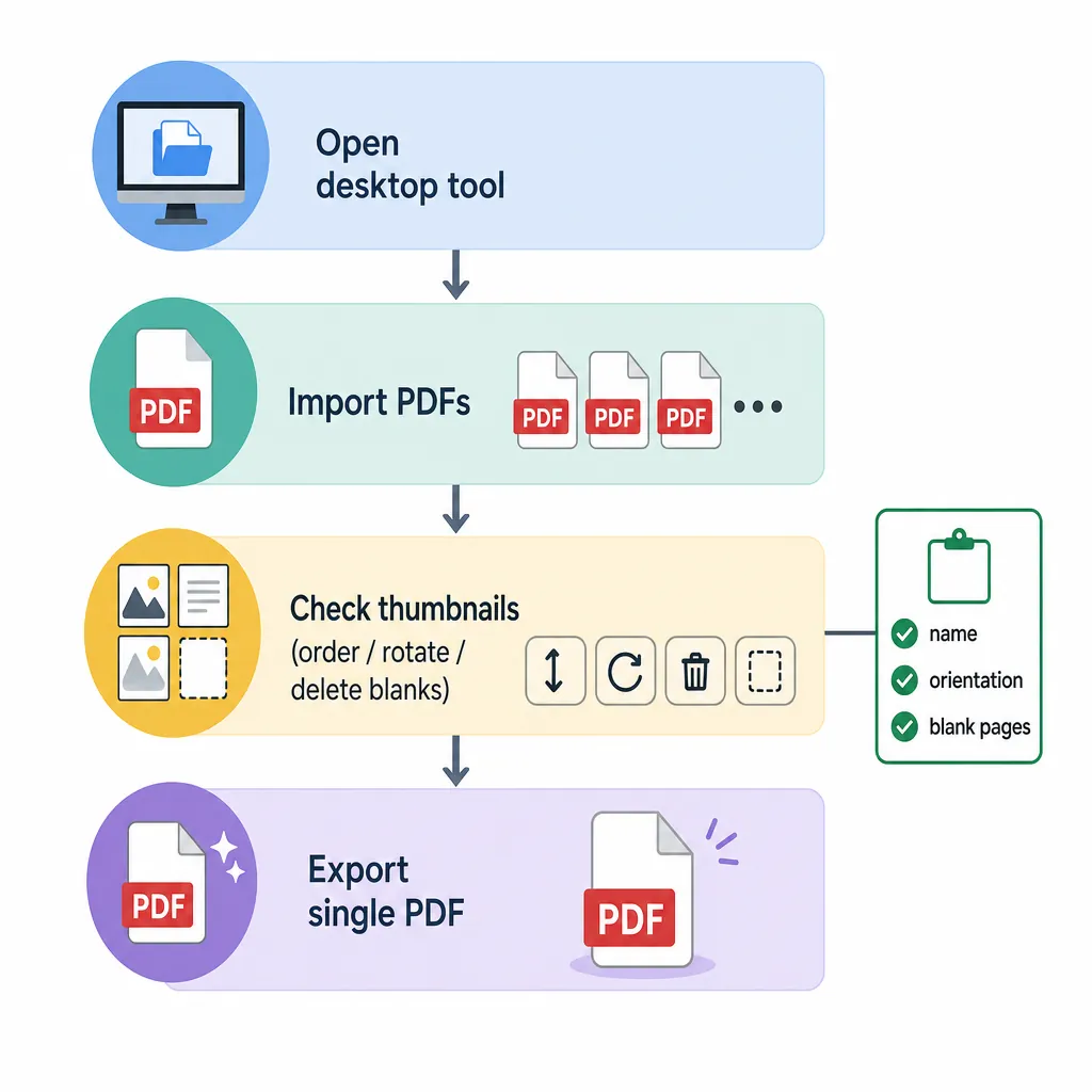 Flowchart of local PDF merging: Open desktop tool → Import PDFs → Check thumbnails (order/rotate/del