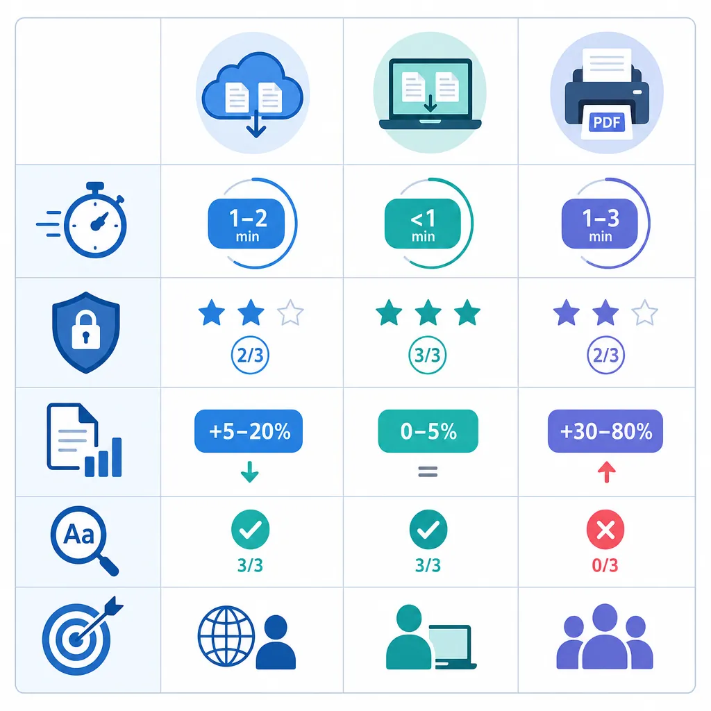 Comparison table infographic with three columns (Online merge / Local merge / Print to PDF) and rows