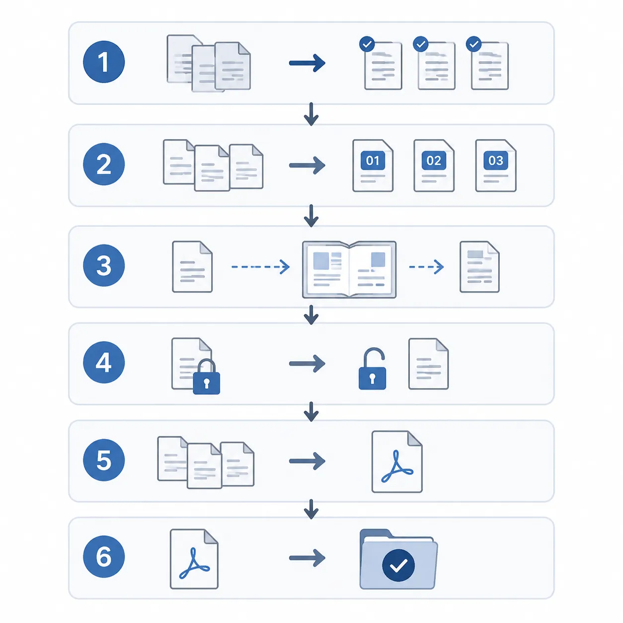 Minimalist checklist flowchart for “Before merging PDFs”: sort by filename, batch rename 01-02-03, p