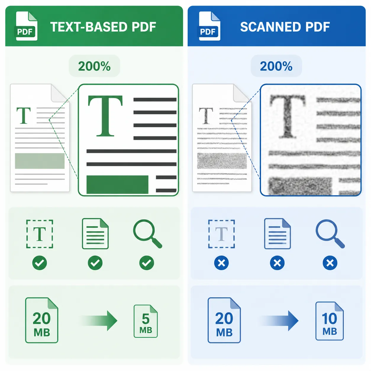 Side-by-side comparison infographic of text-based PDF vs scanned PDF at 200% zoom, showing selectabl