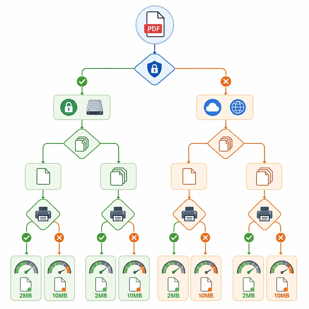 Decision flowchart for choosing PDF compression method: local software vs system print vs online, wi