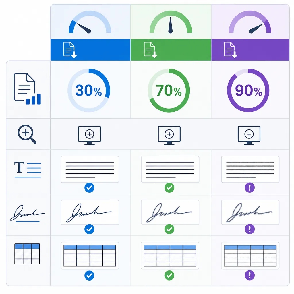 Comparison chart with three columns Low/Medium/High compression showing typical file size reduction 