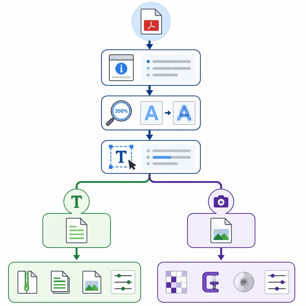 A clean infographic flowchart to diagnose PDF size causes: check file properties, zoom to 200% for b