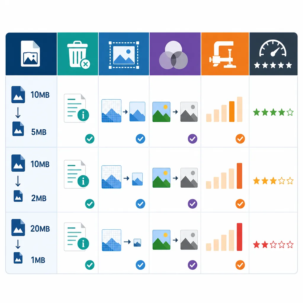 A comparison table infographic with three rows (10MB to 5MB, 10MB to 2MB, 20MB to 1MB) and columns f