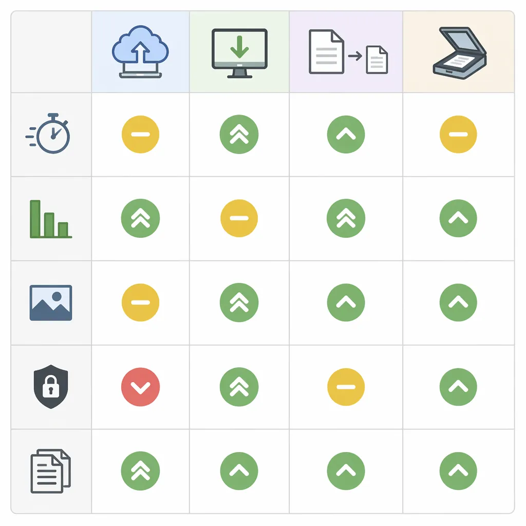 A clean pros-and-cons comparison chart with four columns (Online compression, Local export, Re-expor