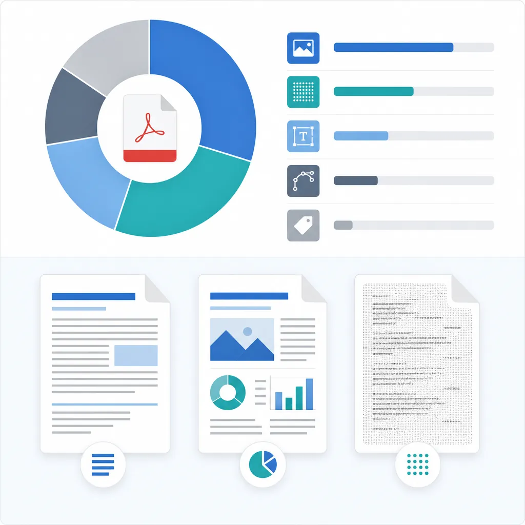 Infographic showing PDF file size components: images, scanned pages, embedded fonts, vector graphics