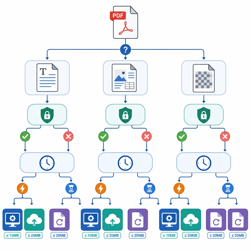 Decision flowchart: identify PDF type (text/mixed/scan) -> is it sensitive (yes/no) -> urgency (urge