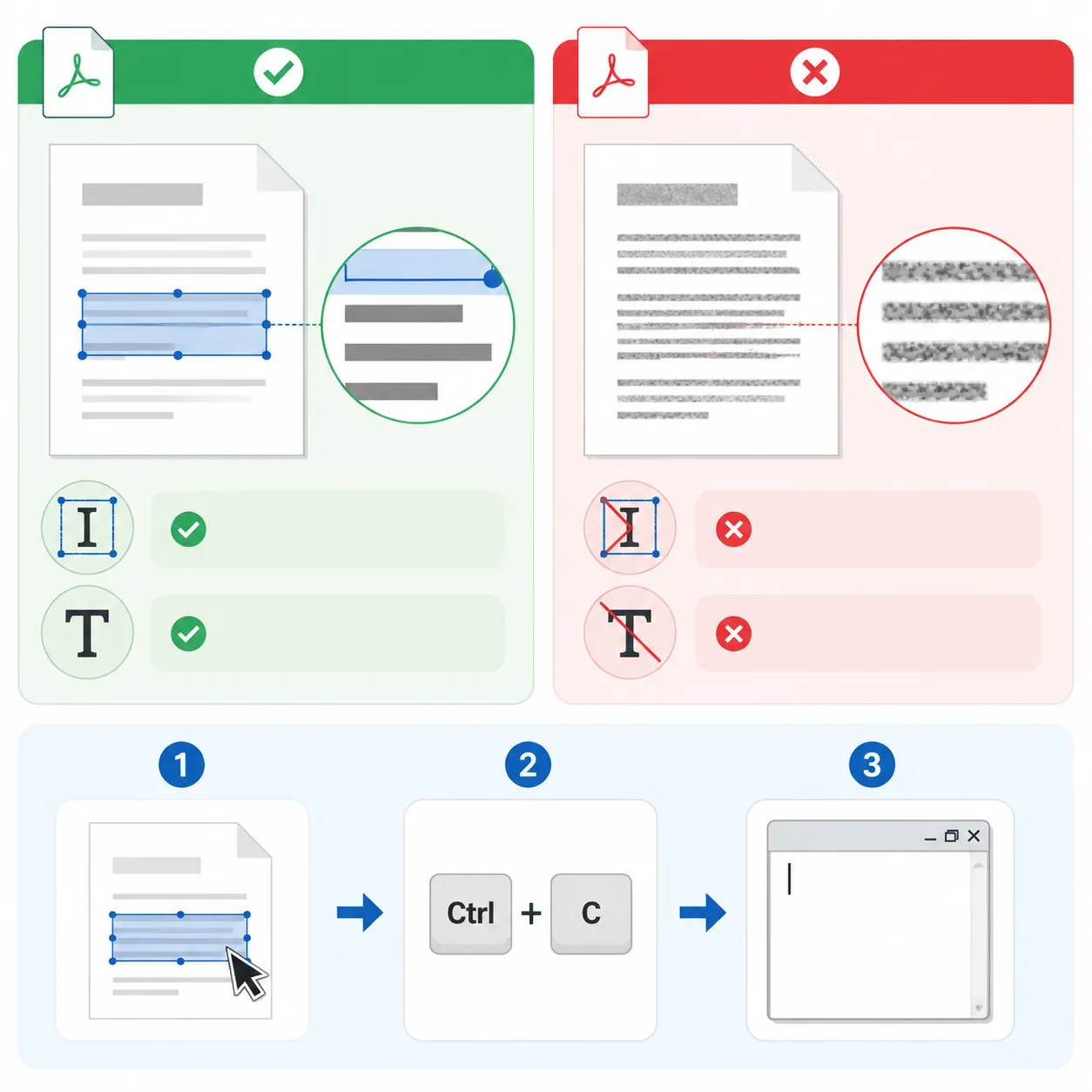 Side-by-side infographic comparing editable PDF vs scanned PDF, showing selectable text, sharp text 