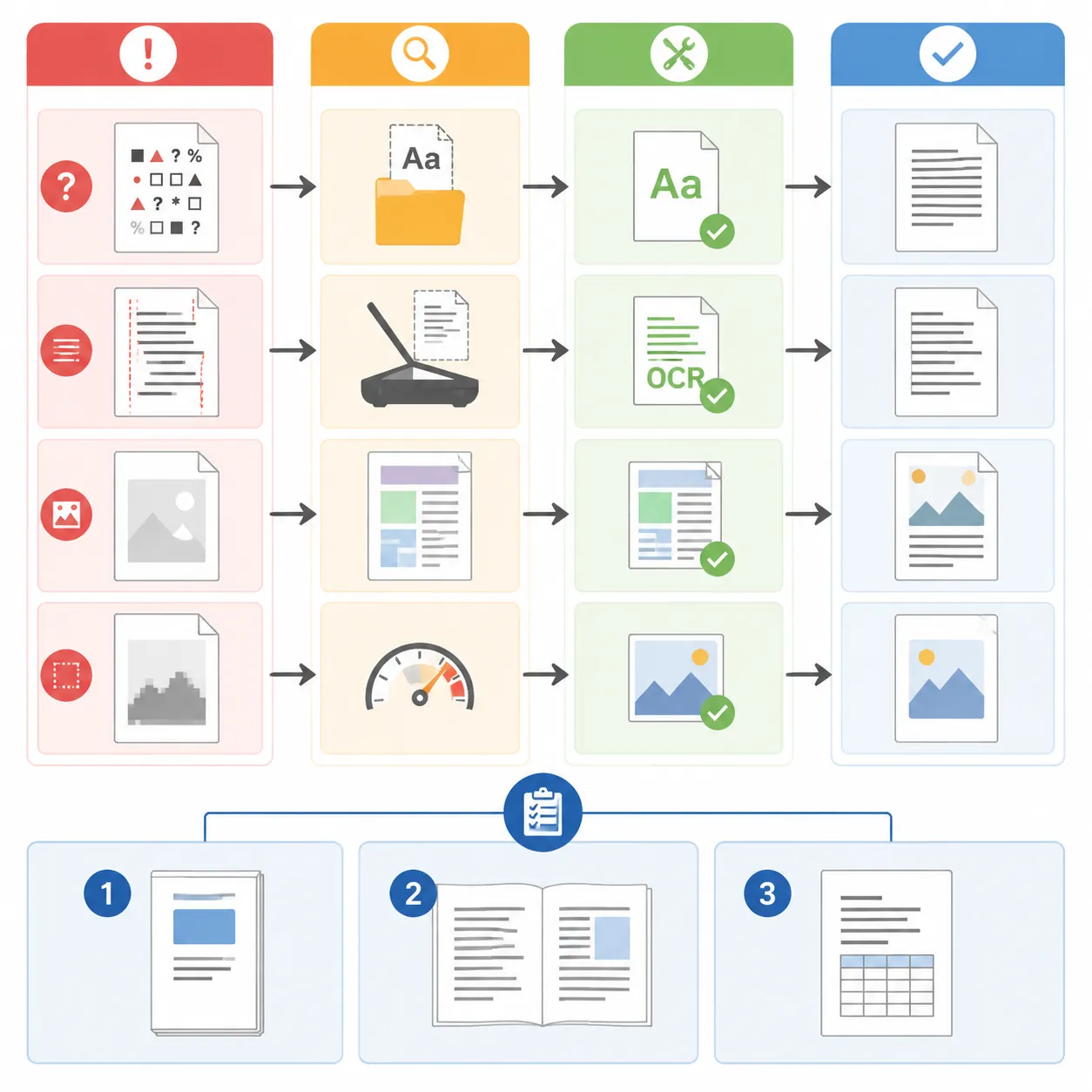 Flowchart infographic mapping common issues (garbled text, misalignment, image-only pages, blurry im
