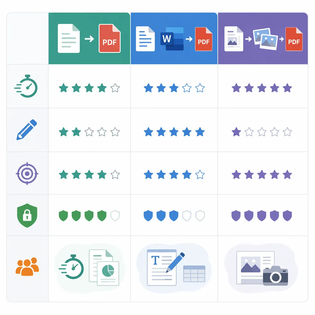 Comparison table infographic of three approaches (direct convert, convert to Word then rebuild, copy