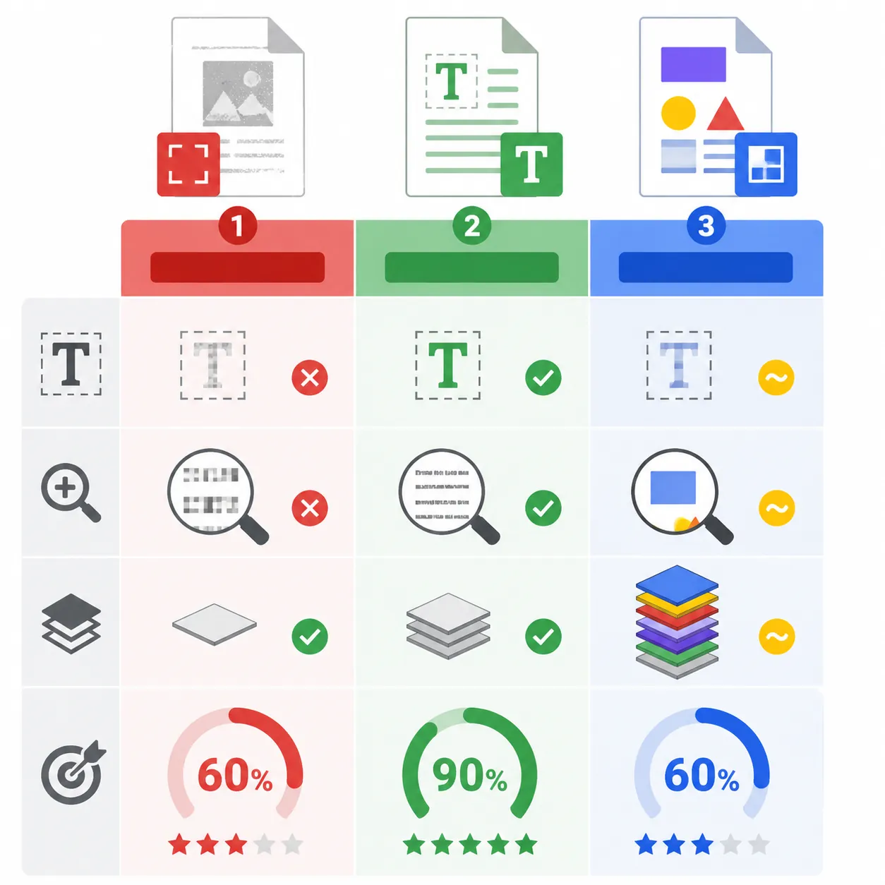Comparison infographic of three PDF types (scanned, text-based, design-heavy) with quick detection t