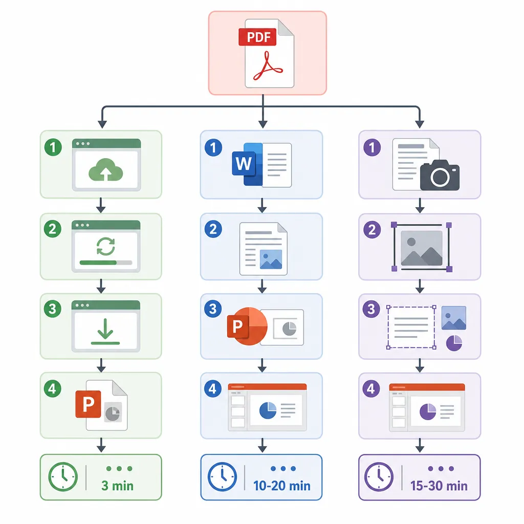 Step-by-step flowchart for PDF to PPT with three branches (online convert, Office route via Word, sc