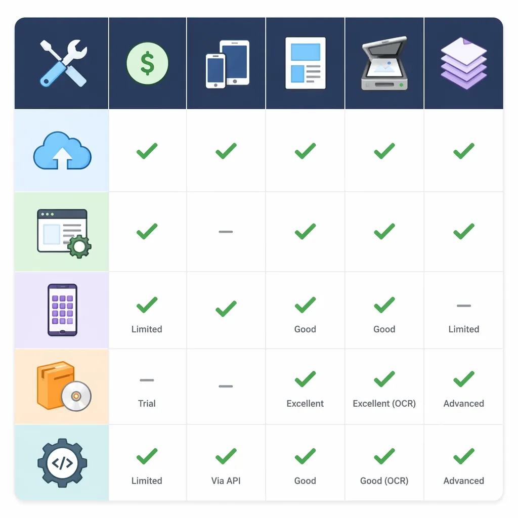 Comparison table infographic of tool types with columns: Free, Mobile support, Layout retention, Sca