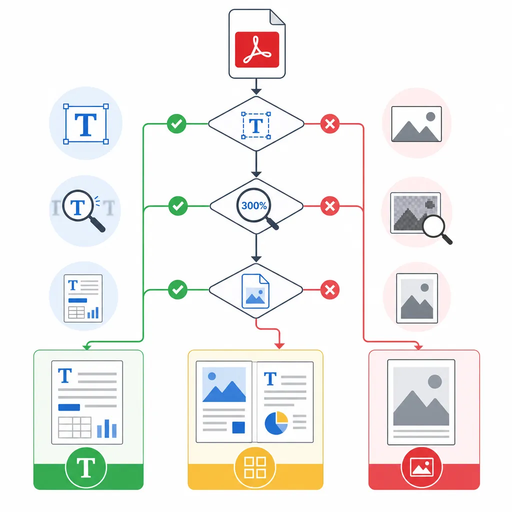 A clean decision flowchart infographic: 3 PDF types (editable text, scanned image, mixed brochure). 