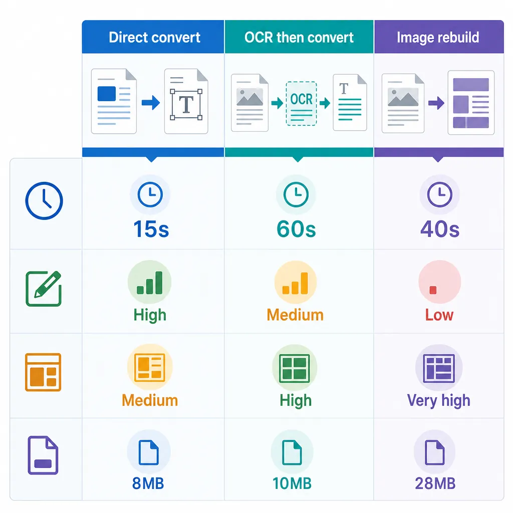 Side-by-side comparison chart with three columns: Direct convert, OCR then convert, Image rebuild. S
